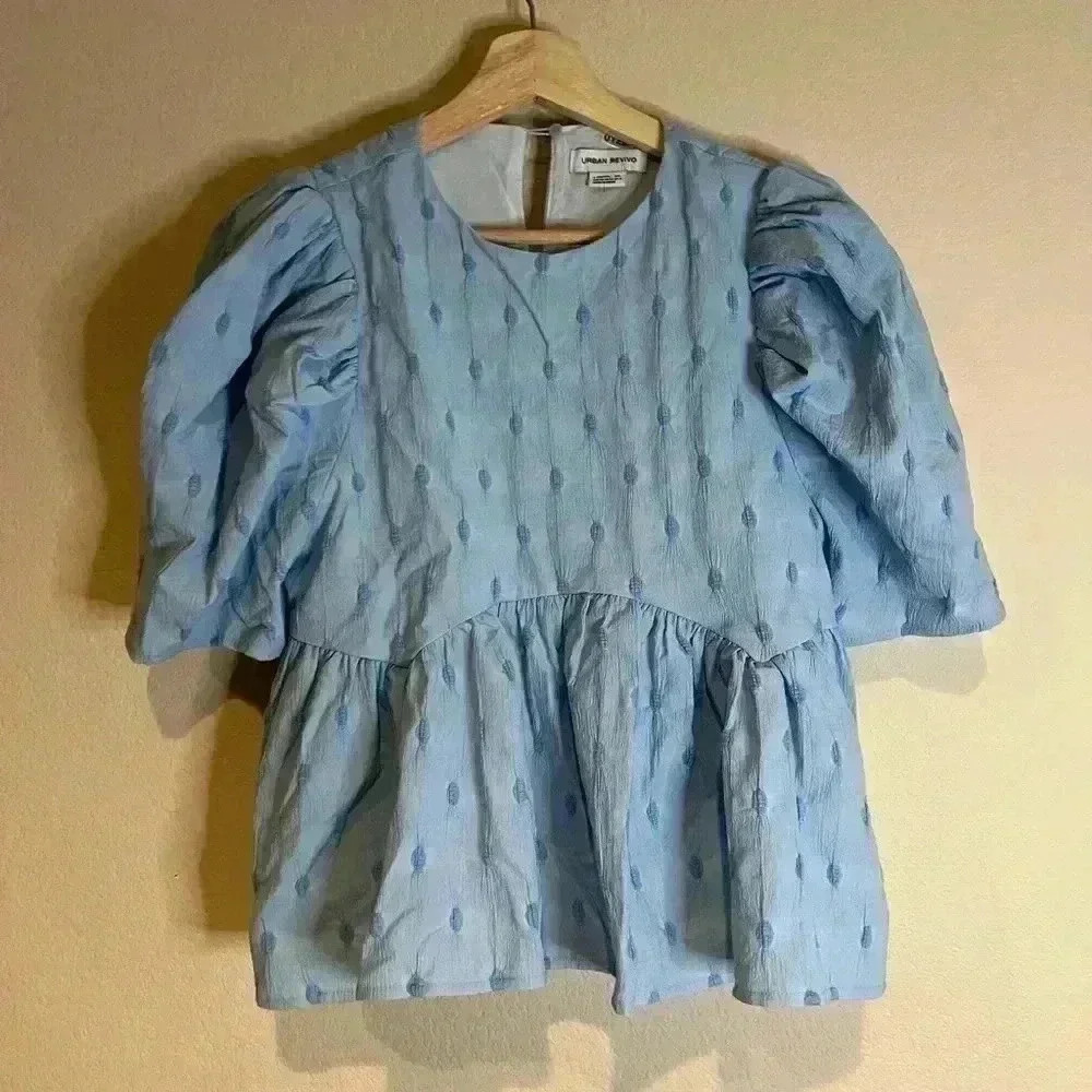 Urban Revivo Textured Puff Sleeve Babydoll Smock blouses Top L spring fall blue